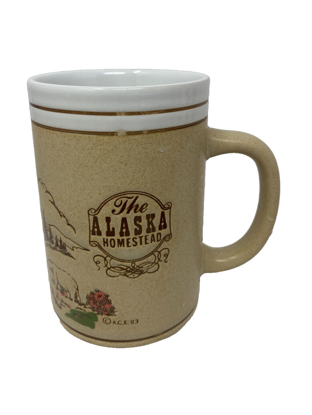 Vintage 1983 The Alaska Homestead Stoneware Coffee Mug A.C.E. Japan Cabin Bears